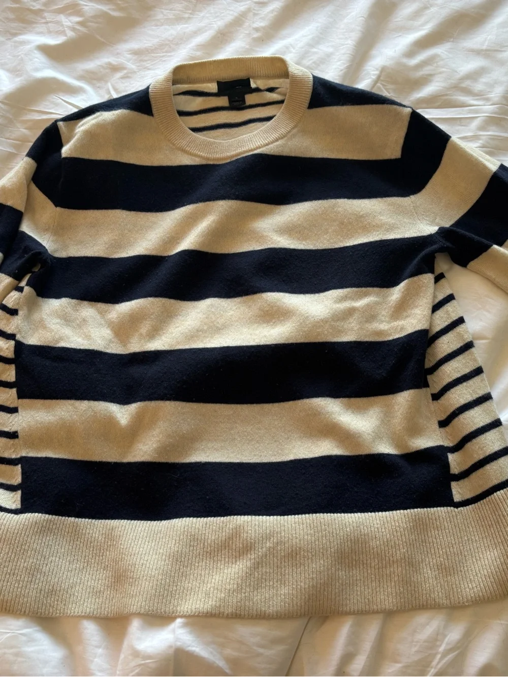 J. Crew Striped Crewneck Cashmere Sweater in Navy and Cream